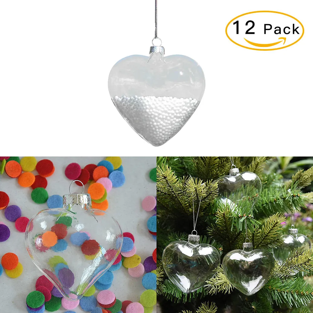 12 Pcs Heart Shape Glass Ornaments Christmas Hanging Decor Baubles