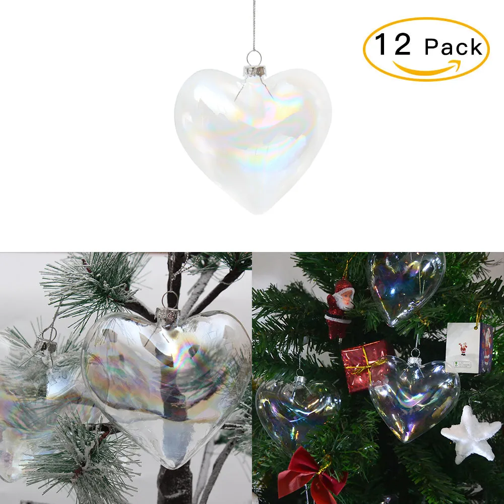 12 Pcs Heart Shape Glass Ornaments Christmas Hanging Decor Baubles