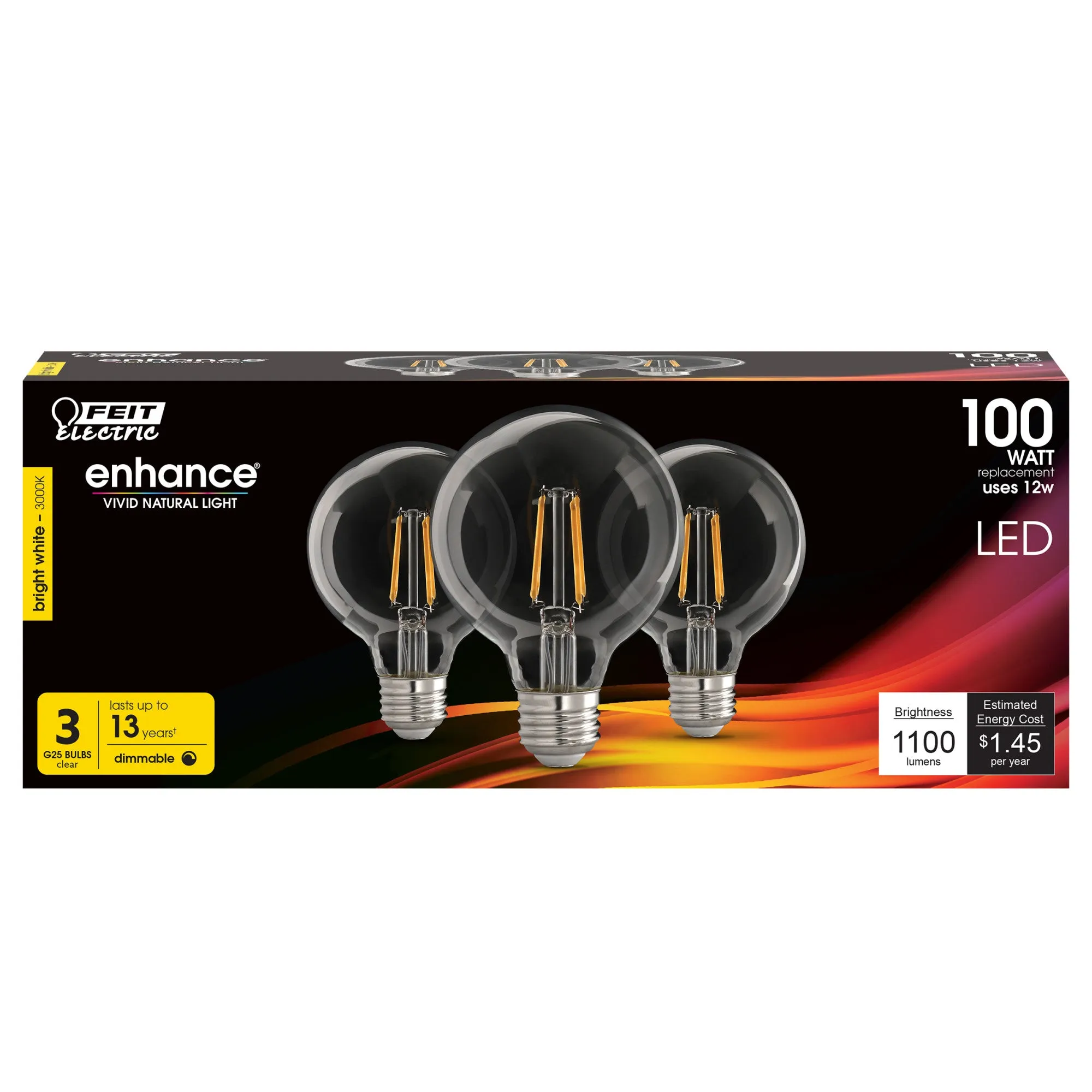 12W (100W Replacement) Bright White (3000K) E26 Base G25 Filament LED Light Bulb (3-Pack)