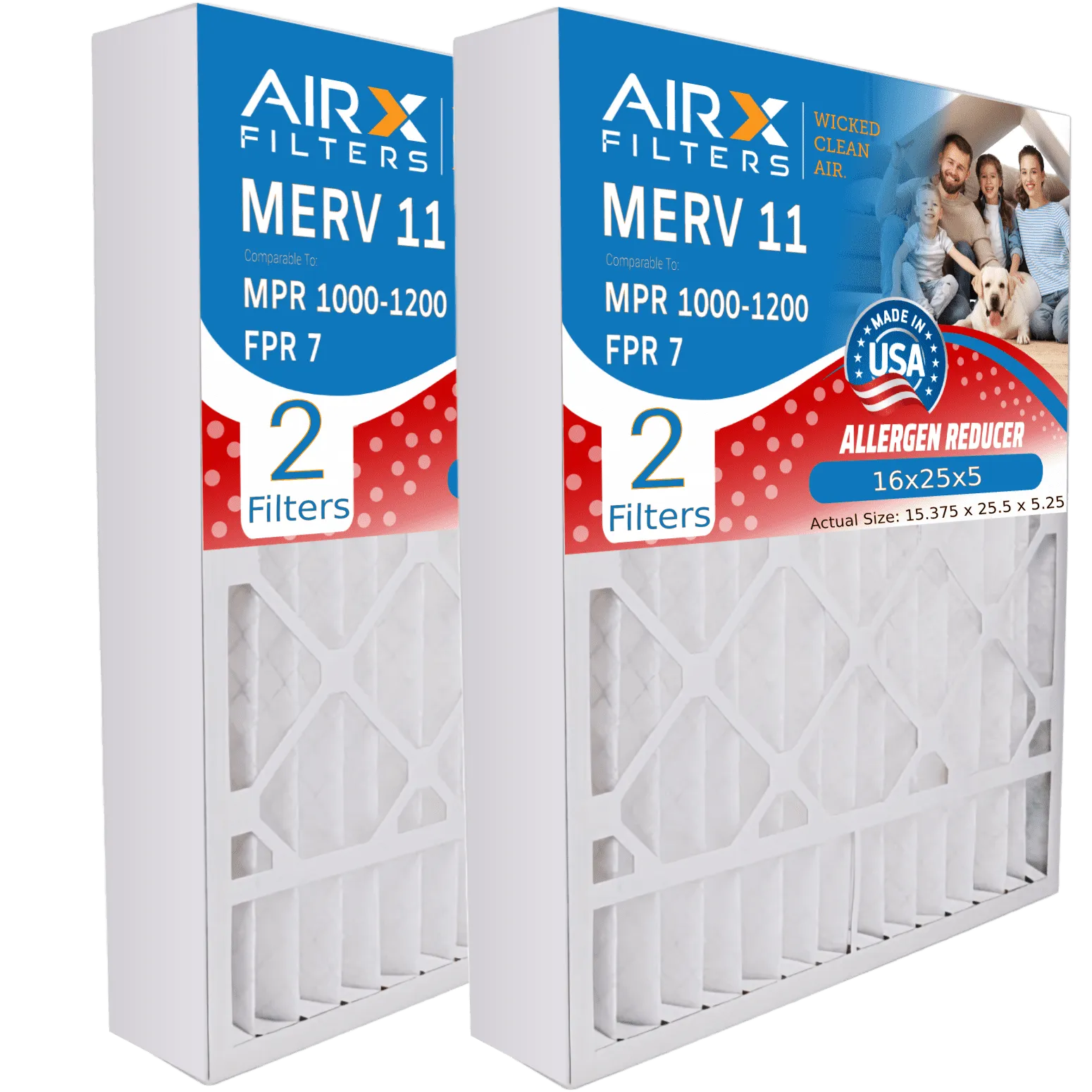 16x25x5 Air Filter MERV 11 Comparable to MPR 1000, MPR 1200 & FPR 7 Compatible with Goodman M1-1056 / Amana AMP-M1-1056 Premium USA Made 16x25x5 Furnace Filter 2 Pack by AIRX FILTERS WICKED CLEAN AIR.