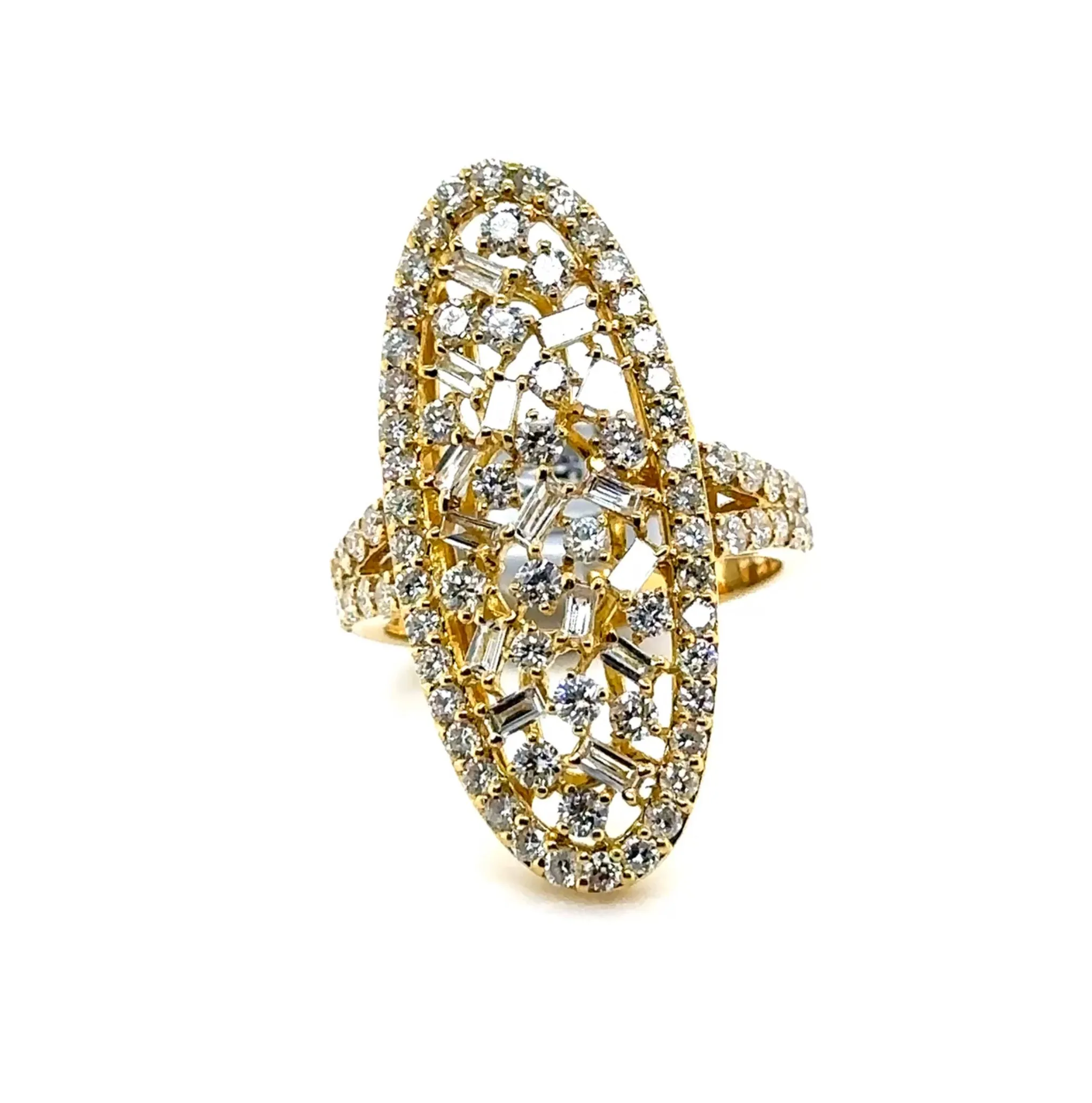 18KY Baguette & Round Diamond Cluster Fashion Ring