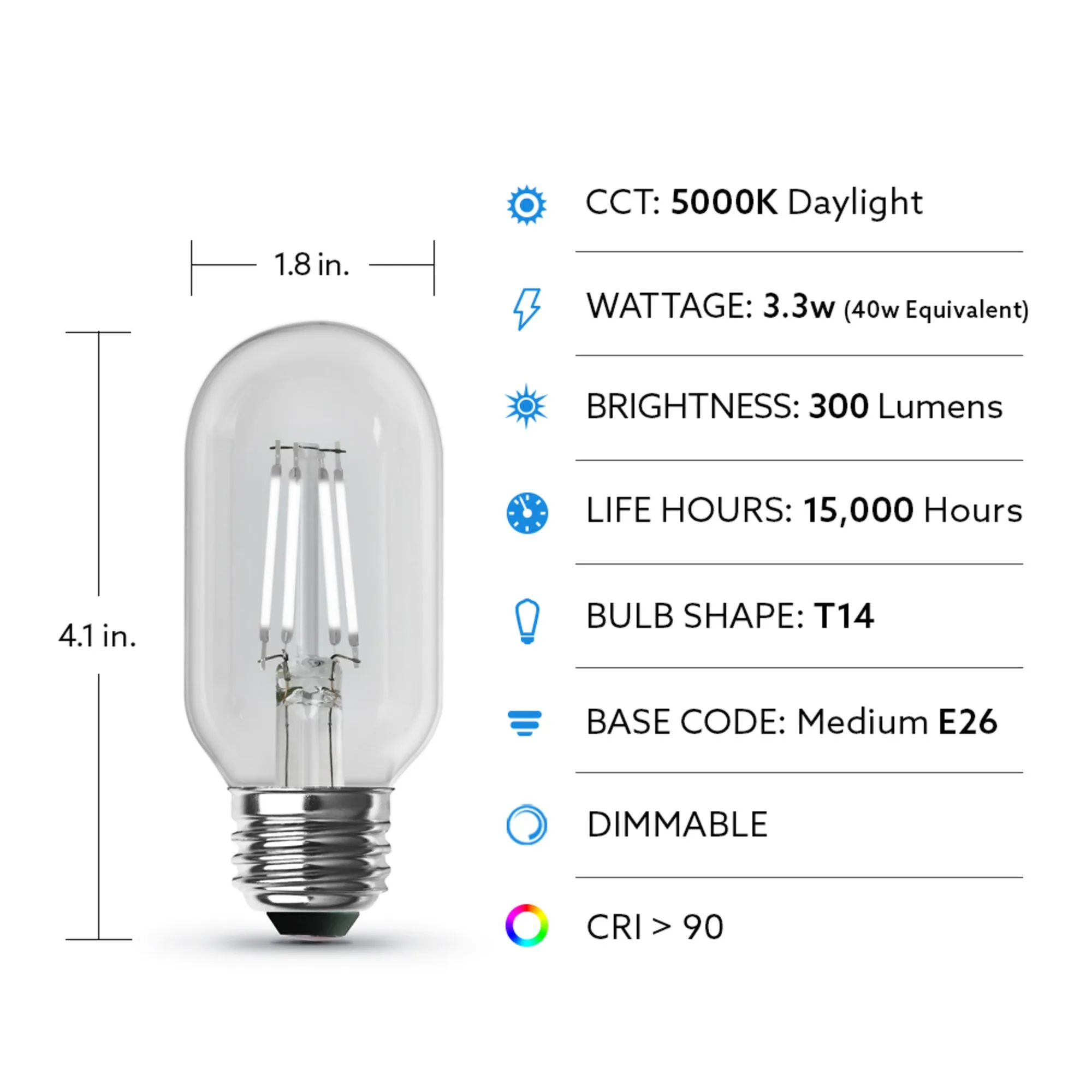 3.3W (40W Replacement) Daylight (5000K) E26 Base T14 Filament LED