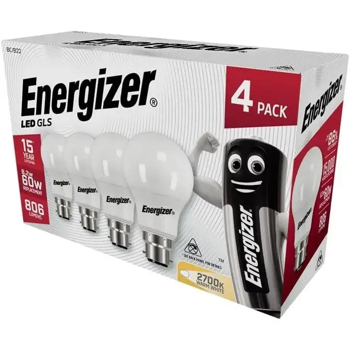 Energizer LED GLS 8.2W = 60W BC / B22 Warm White Bulb 4pk