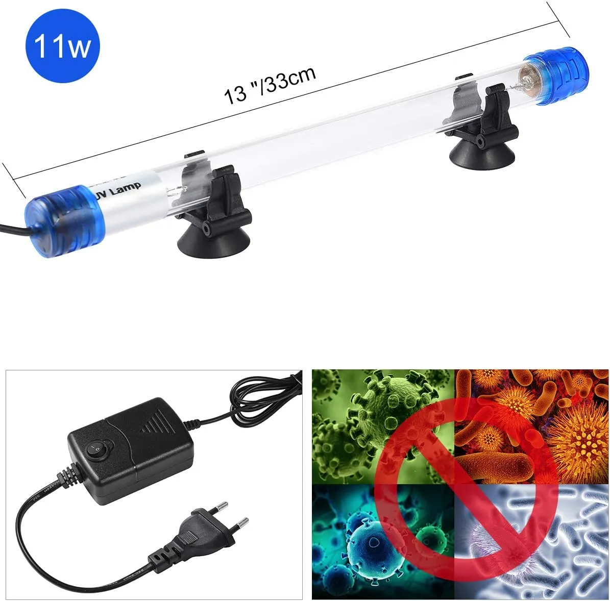 LEDGLE UV Sterilizer 11W Aquarium Light, Submersible UV Algae Killer Light Waterproof for Purifying Water in Aquariums, Ponds, Fish Bowls 220-240V