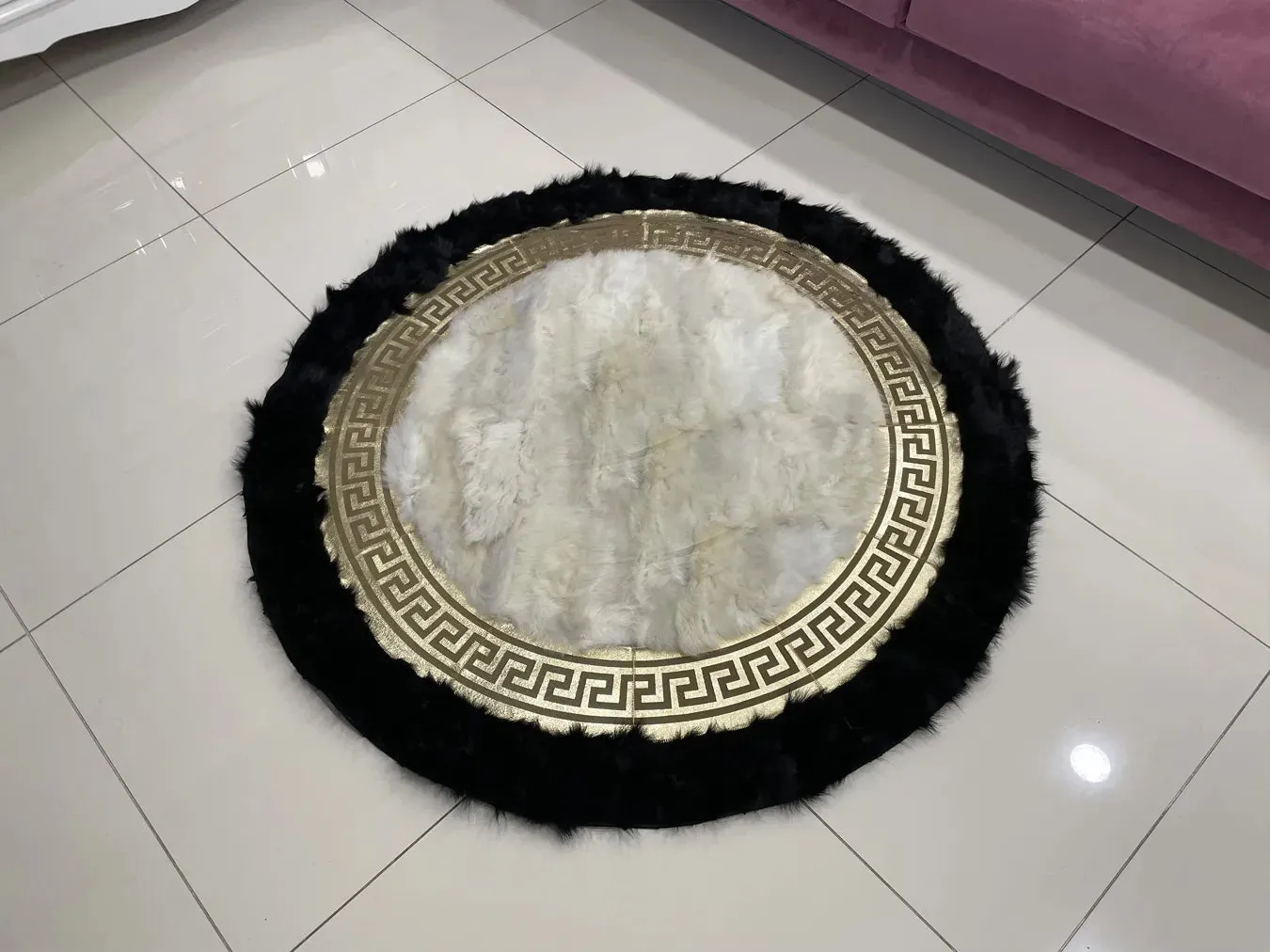 Luxury Modern Black White Natural Sheepskin Handmade Bedroom Round Rug