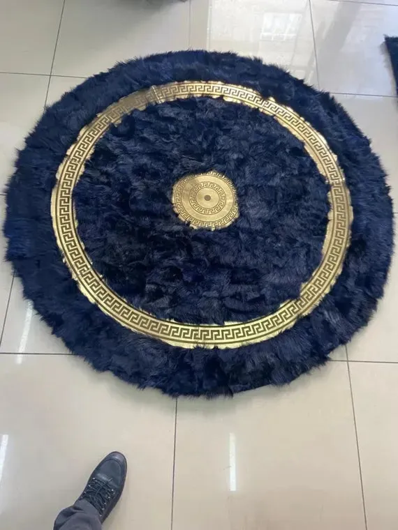 Modern Natural Black Round Sheepskin Handmade Circle Soft Fluffy Rug