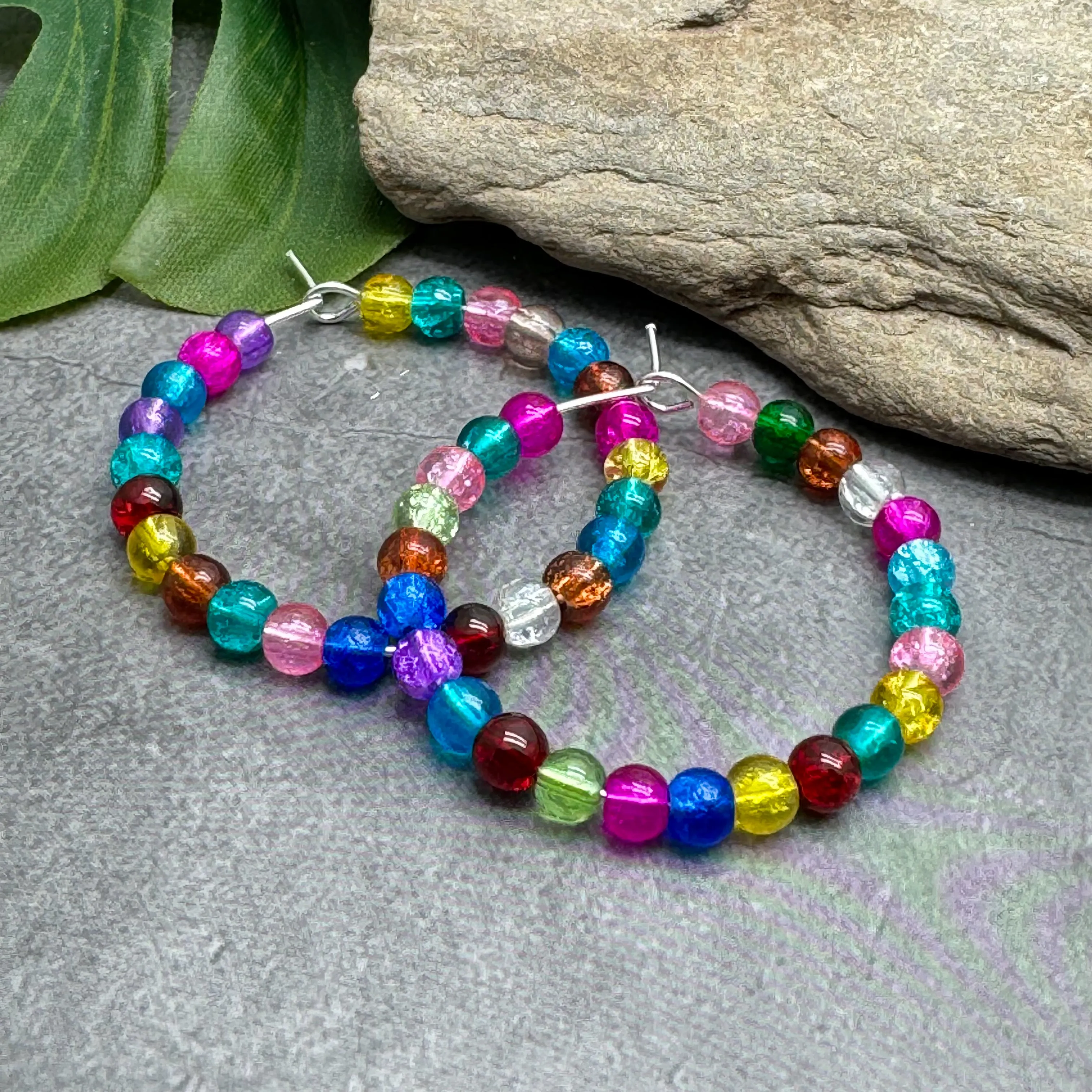 Multi-Colour Crackle Glass Bead Hoops 35mm